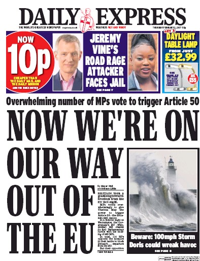Daily Express Newspaper Front Page (UK) for 2 February 2017