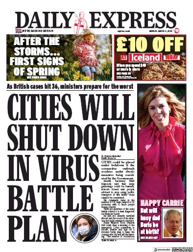 Daily Express Newspaper Front Page (UK) for 2 March 2020