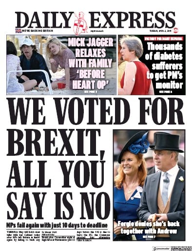 Daily Express Newspaper Front Page (UK) for 2 April 2019