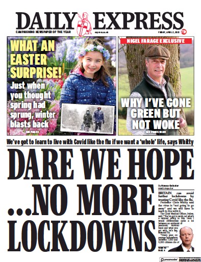 Daily Express Newspaper Front Page (UK) for 2 April 2021