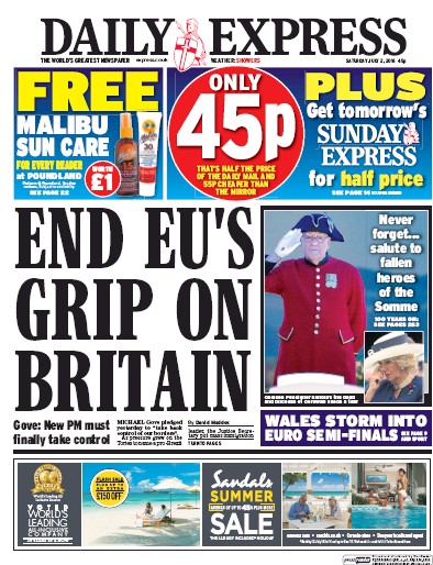 Daily Express Newspaper Front Page (UK) for 2 July 2016