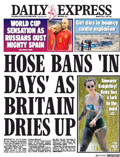 Daily Express Newspaper Front Page (UK) for 2 July 2018