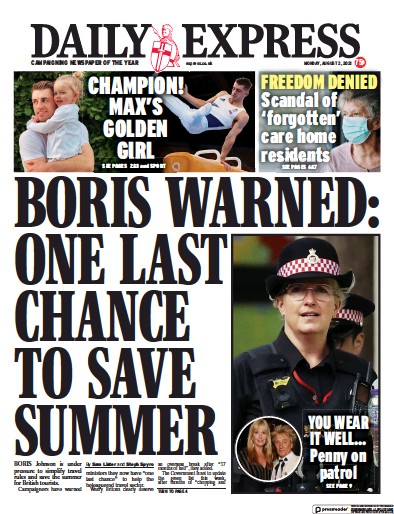 Daily Express Newspaper Front Page (UK) for 2 August 2021