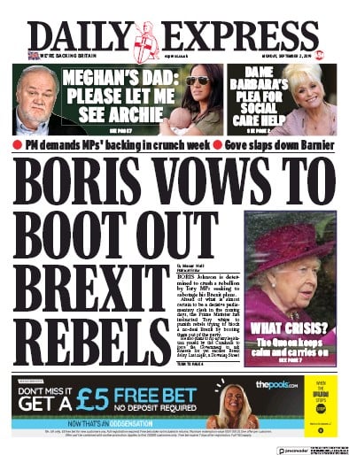 Daily Express Newspaper Front Page (UK) for 2 September 2019