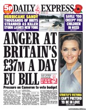 Daily Express (UK) Newspaper Front Page for 30 October 2012