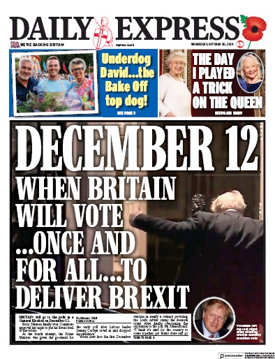 Daily Express Newspaper Front Page (UK) for 30 October 2019