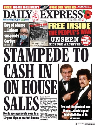 Daily Express Newspaper Front Page (UK) for 30 October 2020