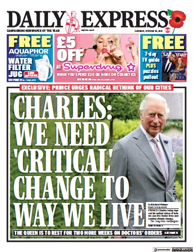 Daily Express Newspaper Front Page (UK) for 30 October 2021