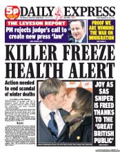 Daily Express Newspaper Front Page (UK) for 30 November 2012