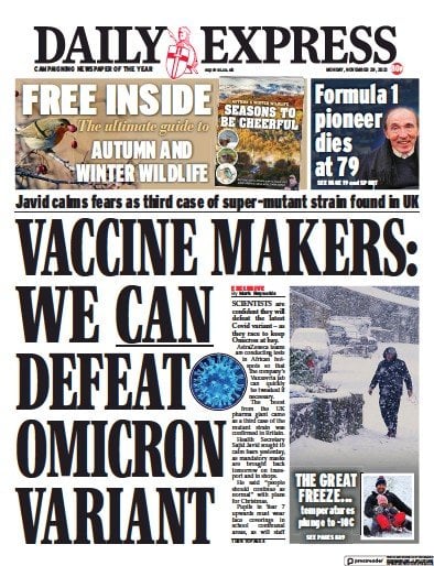 Daily Express Newspaper Front Page (UK) for 30 November 2021