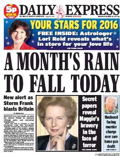 Daily Express Newspaper Front Page (UK) for 30 December 2015