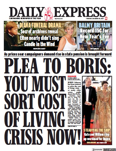 Daily Express Newspaper Front Page (UK) for 30 December 2021