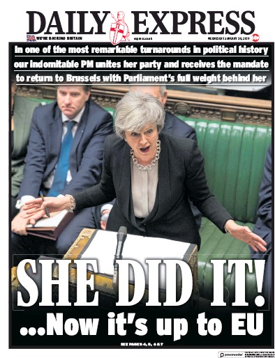 Daily Express Newspaper Front Page (UK) for 30 January 2019