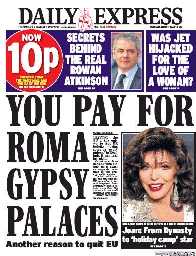 Daily Express Newspaper Front Page (UK) for 30 March 2016