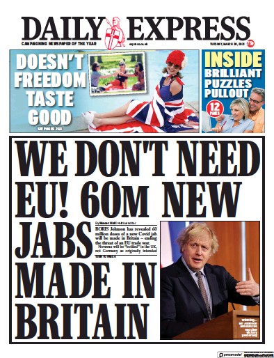 Daily Express Newspaper Front Page (UK) for 30 March 2021