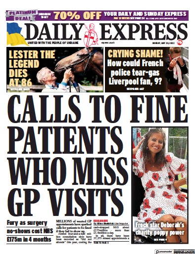Daily Express Newspaper Front Page (UK) for 30 May 2022