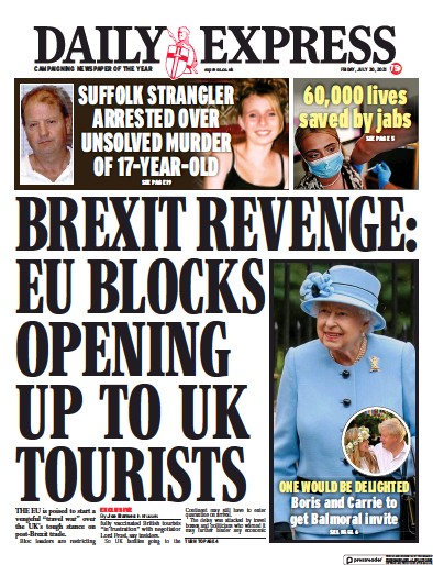 Daily Express Newspaper Front Page (UK) for 30 July 2021