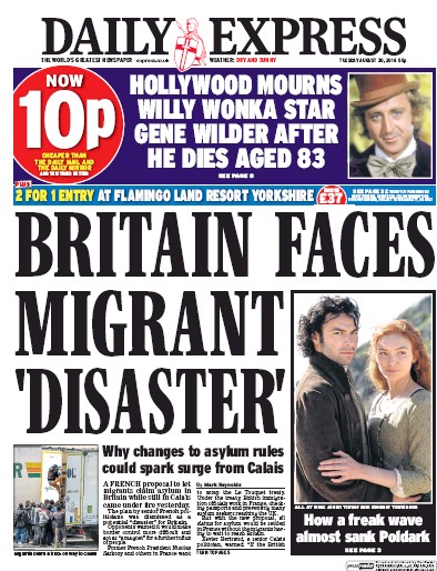 Daily Express Newspaper Front Page (UK) for 30 August 2016