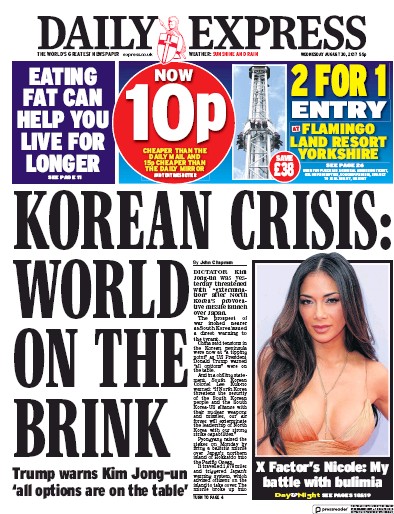 Daily Express Newspaper Front Page (UK) for 30 August 2017