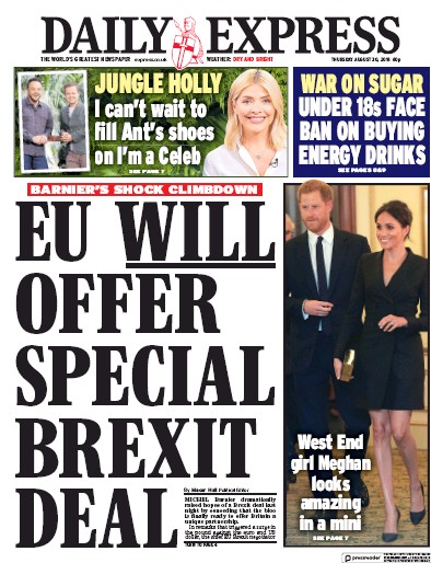 Daily Express Newspaper Front Page (UK) for 30 August 2018