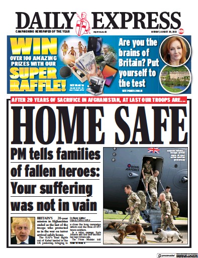 Daily Express Newspaper Front Page (UK) for 30 August 2021