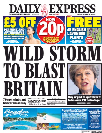 Daily Express Newspaper Front Page (UK) for 30 September 2017