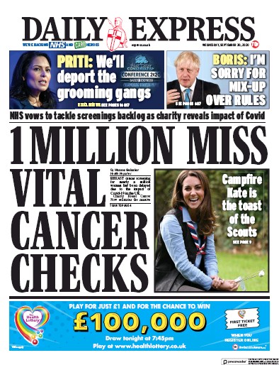 Daily Express Newspaper Front Page (UK) for 30 September 2020