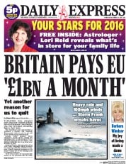 Daily Express (UK) Newspaper Front Page for 31 December 2015