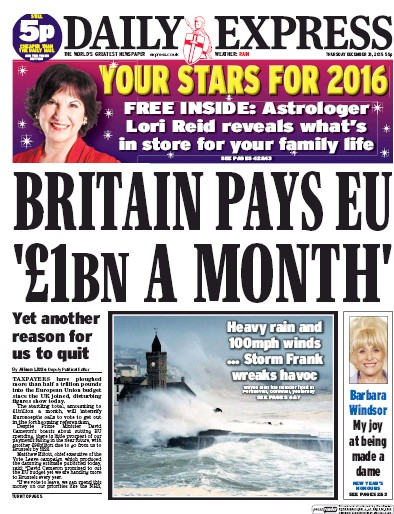 Daily Express Newspaper Front Page (UK) for 31 December 2015