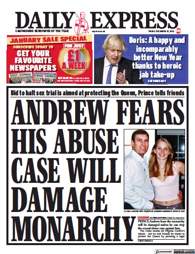 Daily Express Newspaper Front Page (UK) for 31 December 2021