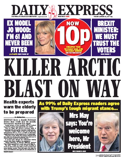 Daily Express Newspaper Front Page (UK) for 31 January 2017