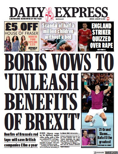 Daily Express Newspaper Front Page (UK) for 31 January 2022