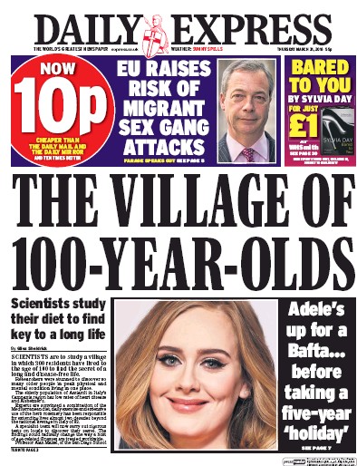 Daily Express Newspaper Front Page (UK) for 31 March 2016