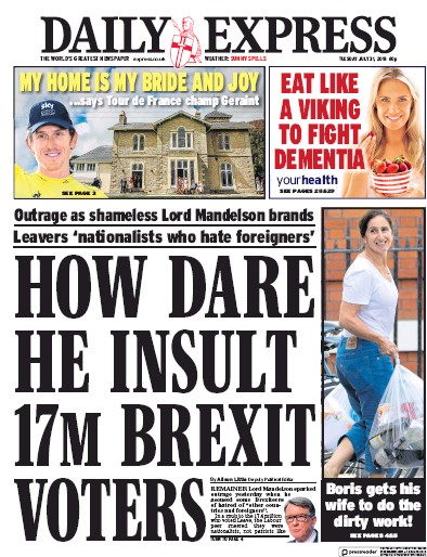 Daily Express Newspaper Front Page (UK) for 31 July 2018