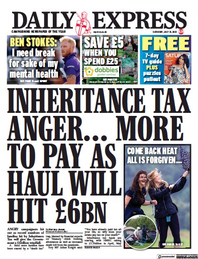 Daily Express Newspaper Front Page (UK) for 31 July 2021