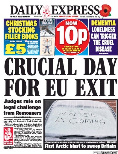 Daily Express Newspaper Front Page (UK) for 3 November 2016