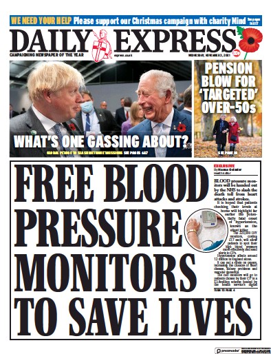 Daily Express Newspaper Front Page (UK) for 3 November 2021
