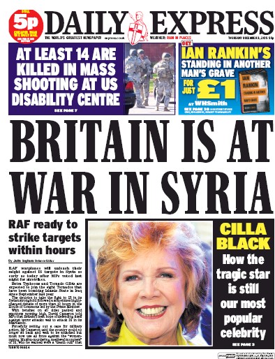 Daily Express Newspaper Front Page (UK) for 3 December 2015