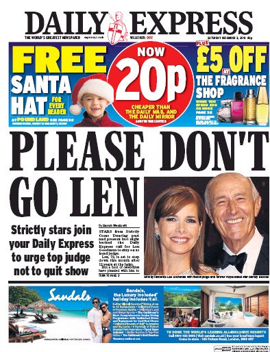 Daily Express Newspaper Front Page (UK) for 3 December 2016