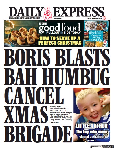 Daily Express Newspaper Front Page (UK) for 3 December 2021