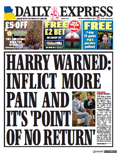 Daily Express Newspaper Front Page (UK) for 3 December 2022