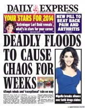 Daily Express (UK) Newspaper Front Page for 3 January 2014