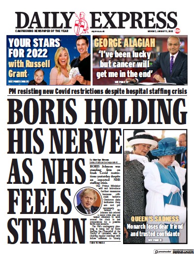 Daily Express Newspaper Front Page (UK) for 3 January 2022