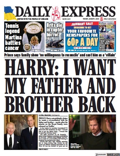 Daily Express Newspaper Front Page (UK) for 3 January 2023