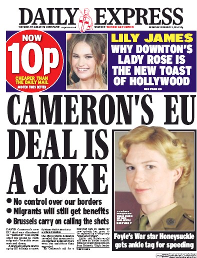 Daily Express Newspaper Front Page (UK) for 3 February 2016