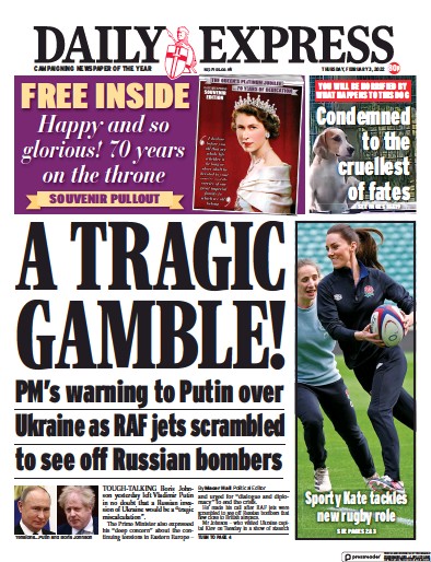 Daily Express Newspaper Front Page (UK) for 3 February 2022