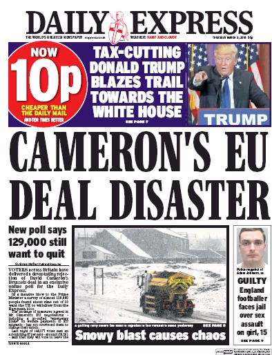 Daily Express Newspaper Front Page (UK) for 3 March 2016