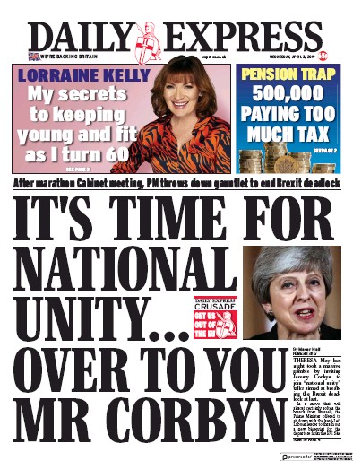 Daily Express Newspaper Front Page (UK) for 3 April 2019