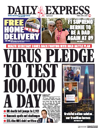 Daily Express Newspaper Front Page (UK) for 3 April 2020