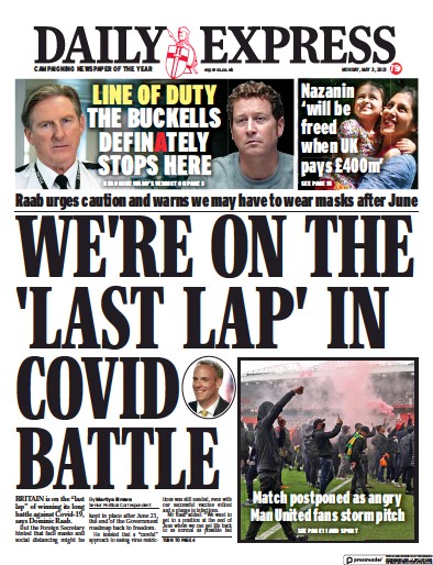 Daily Express Newspaper Front Page (UK) for 3 May 2021